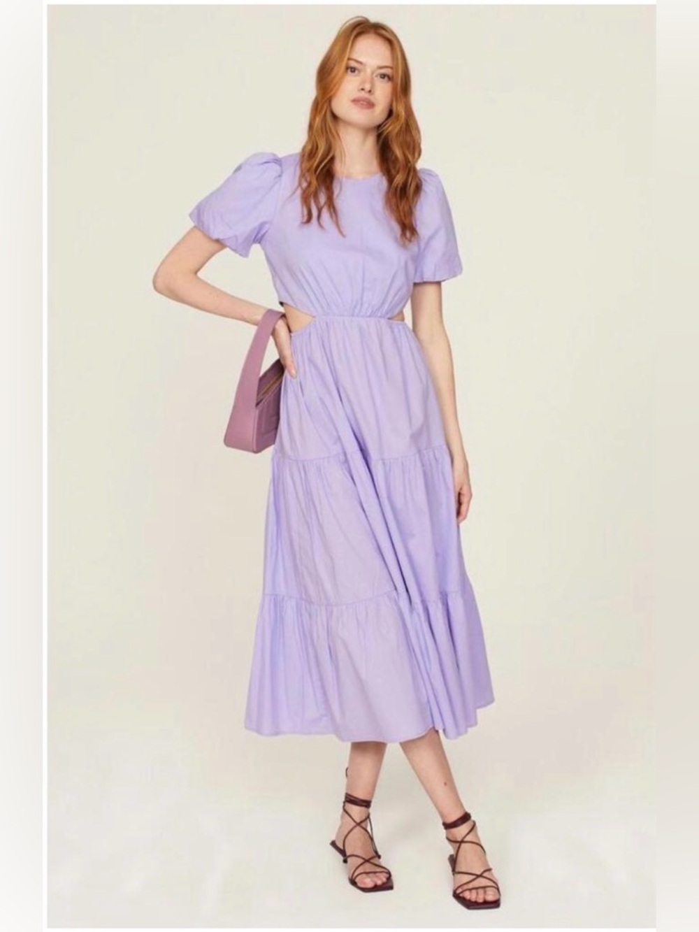 Lilac Puff-Sleeve Cutout Midi Dress
